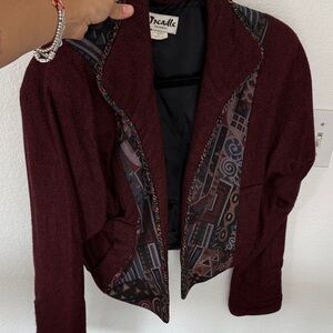 Vintage Burgundy Textured cropped Blazer with Patterned Trim